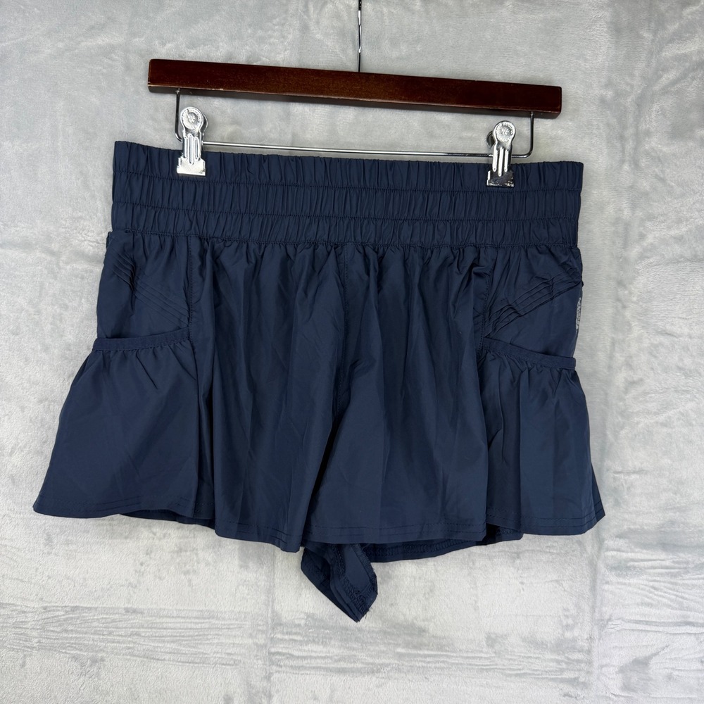 FP Movement Get Your Run On Shorts Womens Large Navy Blue Smocked Ruffle Running